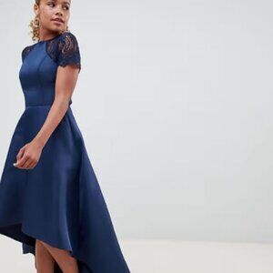 Chi Chi London Petite high low hem midi dress lace sleeves blue size 0 small
